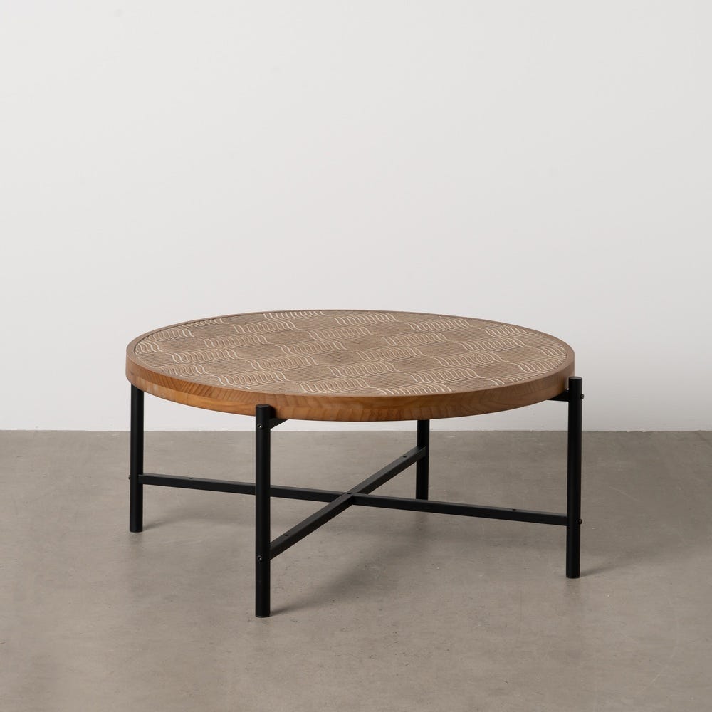 MONTSEL - Mesa de centro en metal y madera, acabado natural y negro, 89 x 89 x 42,50 cm