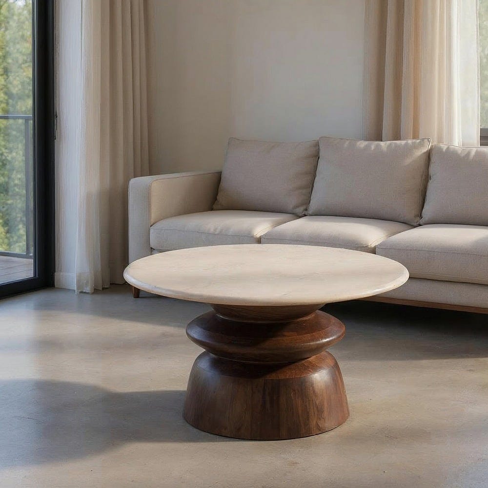 PORTEL - Mesa de centro de mármol/madera para salón 75 x 75 x 39 cm