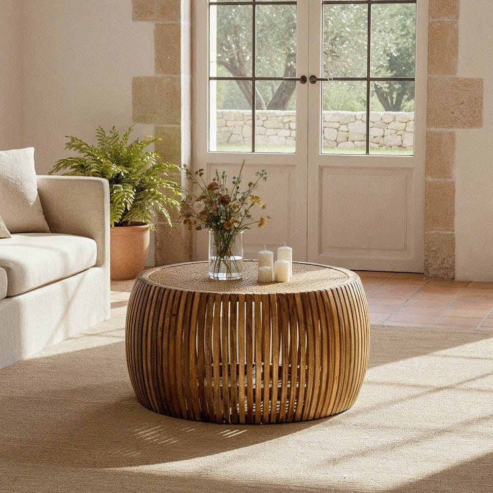 PEYRAT - Mesa de centro de madera y ratán para salón, 75 × 75 × 43 cm