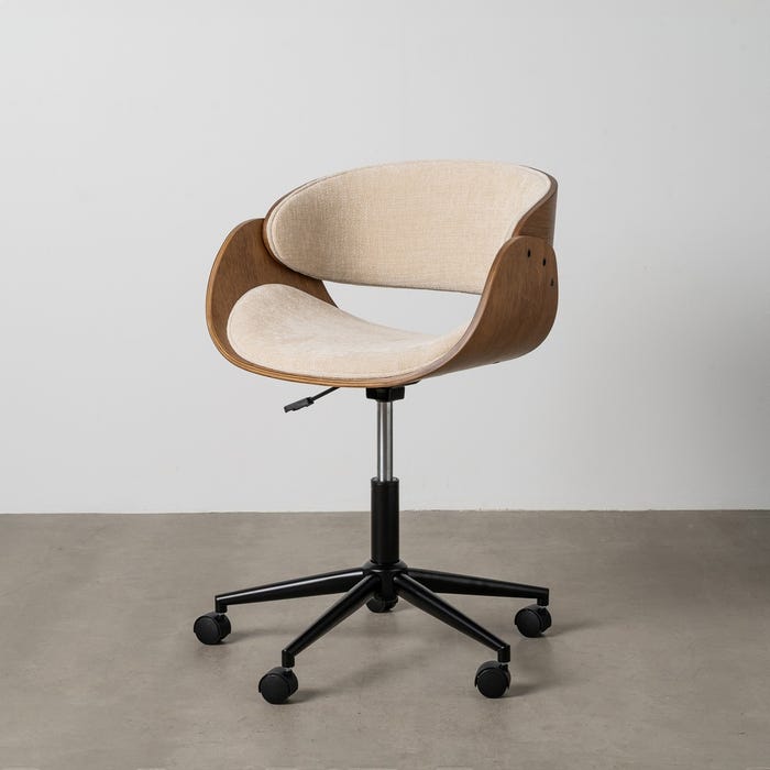 Chaise de bureau à roulettes crème et marron en tissu et bois 59 × 64 × 88 cm