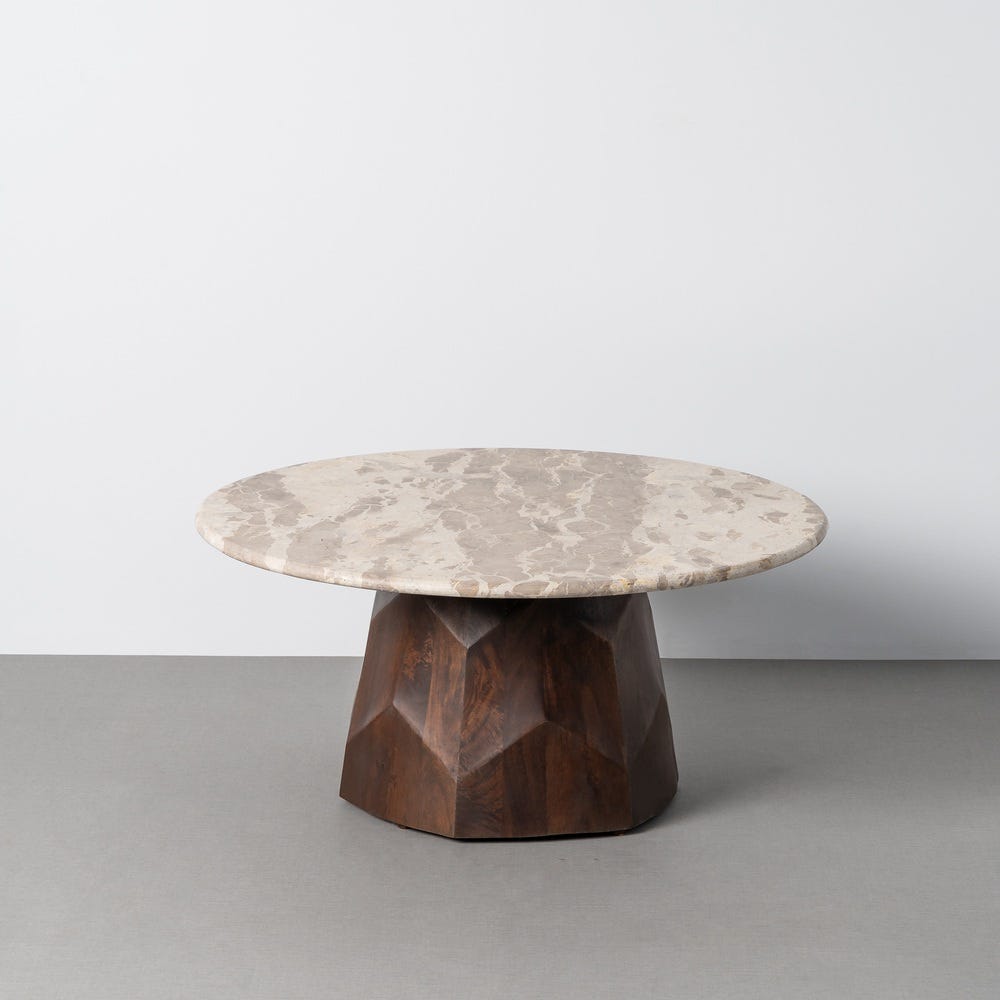 MURTOSA - Mesa de centro de madera y mármol para salón 90 x 90 x 40 cm