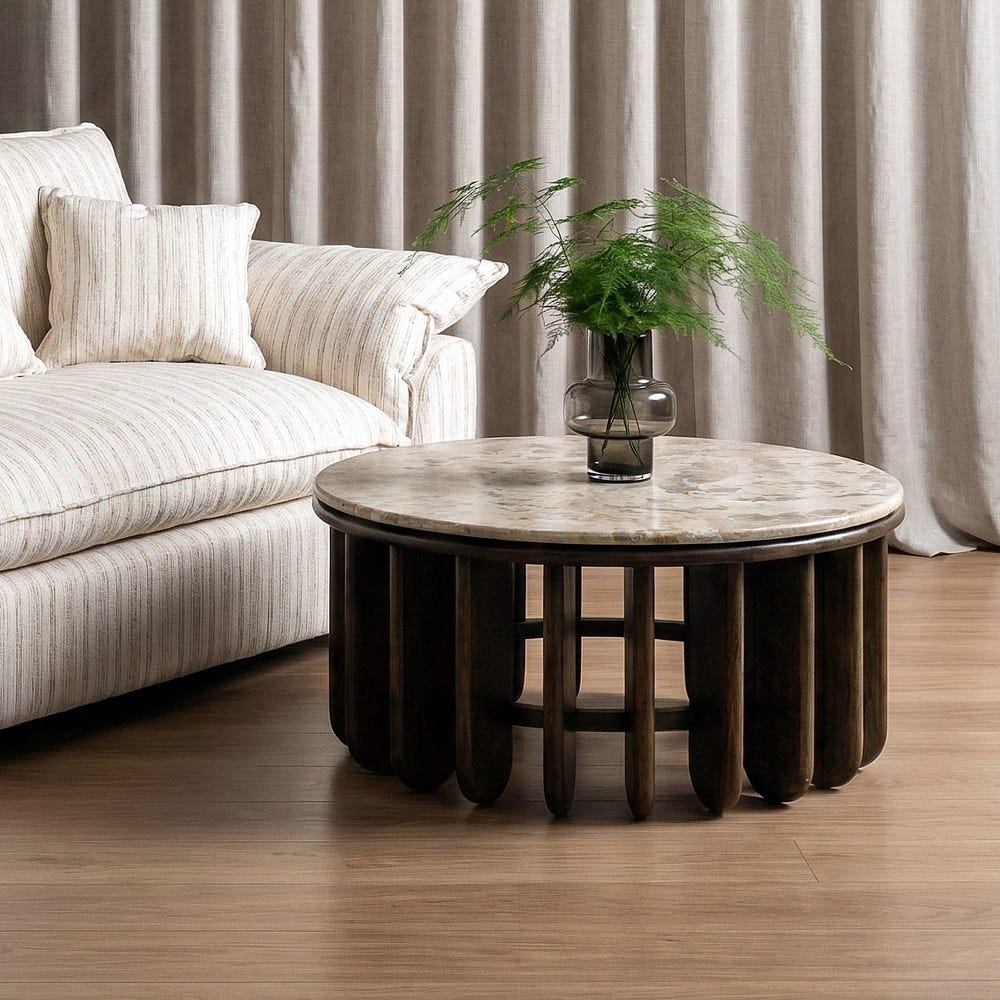 TABUA - Mesa de centro de madera y mármol para salón 90 x 90 x 42 cm