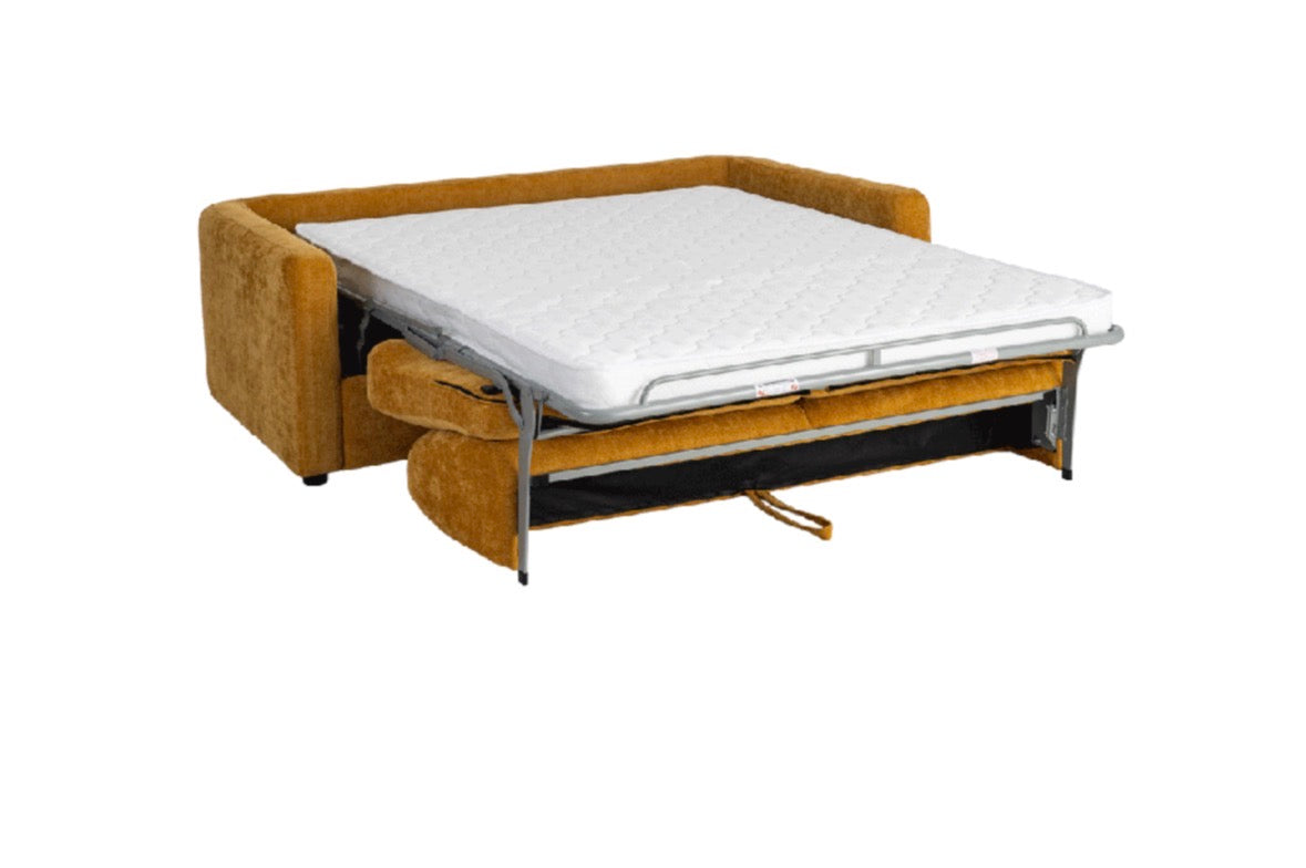 MARTOS - Sofá cama de terciopelo mostaza de 3 plazas, 194 cm