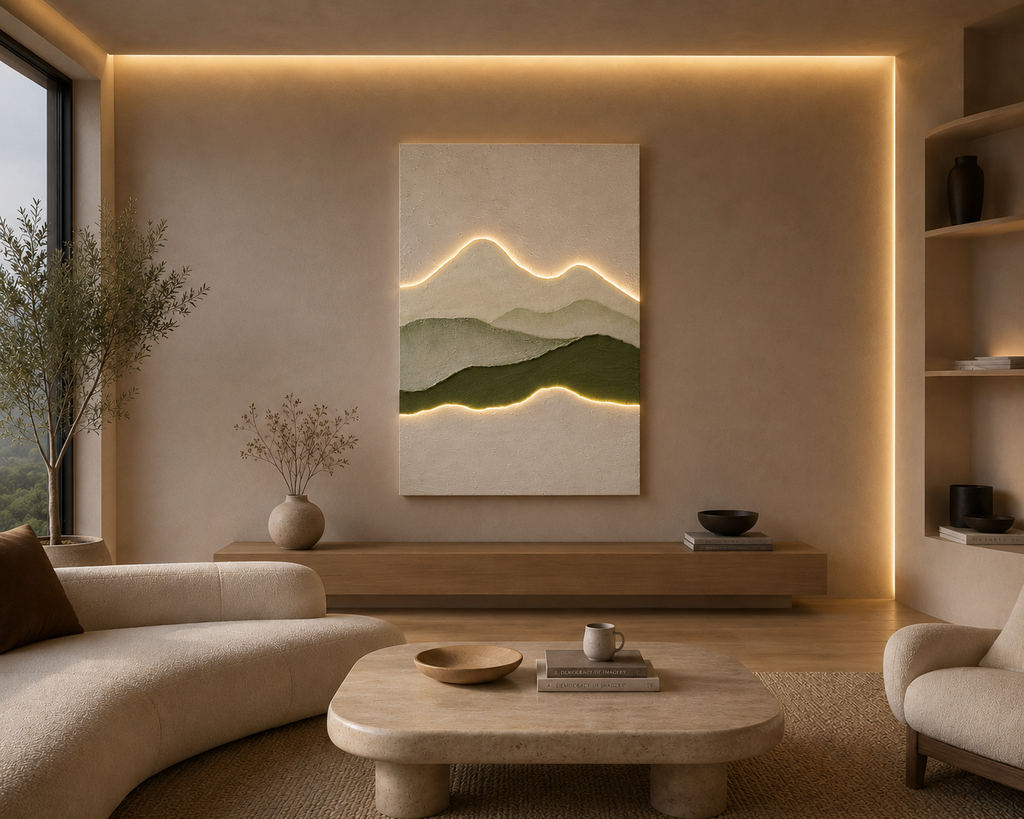 CUERS - Tableau LED Paysage Montagne Verte 90x120 cm – Toile Murale Lumineuse Design