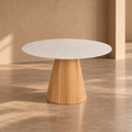 CAVIA - Mesa de comedor redonda blanca y natural 120 cm – estilo contemporáneo