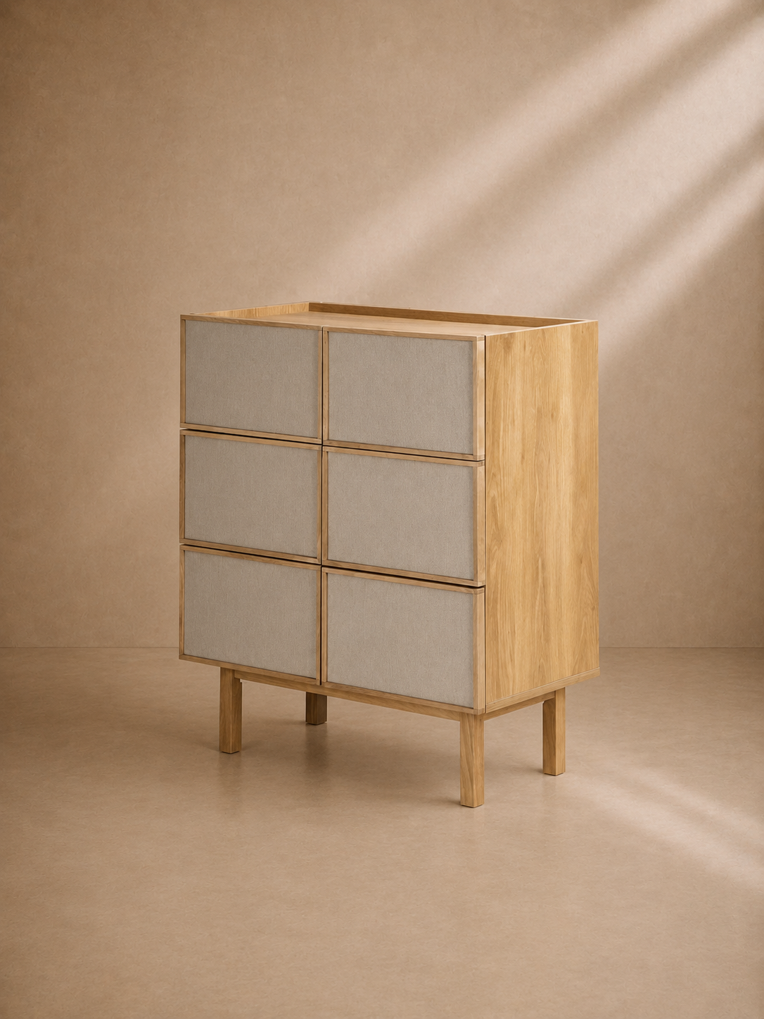 CHAVIN - Cómoda de 6 cajones de tela y madera efecto roble