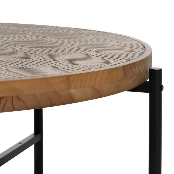 MONTSEL - Mesa de centro en metal y madera, acabado natural y negro, 89 x 89 x 42,50 cm