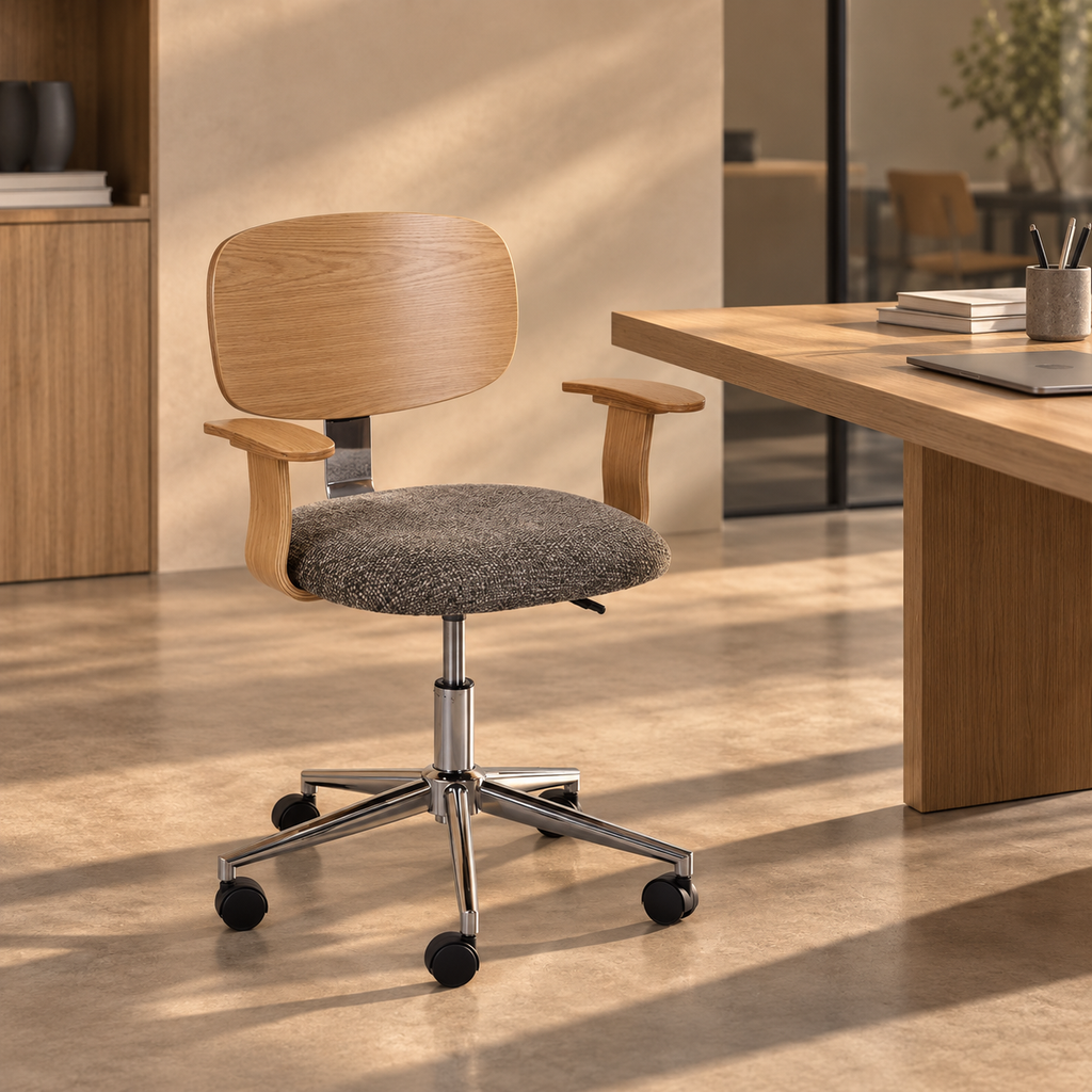 IRURA - Silla de oficina con ruedas en tela y madera color gris natural 60 × 60 × 89 cm