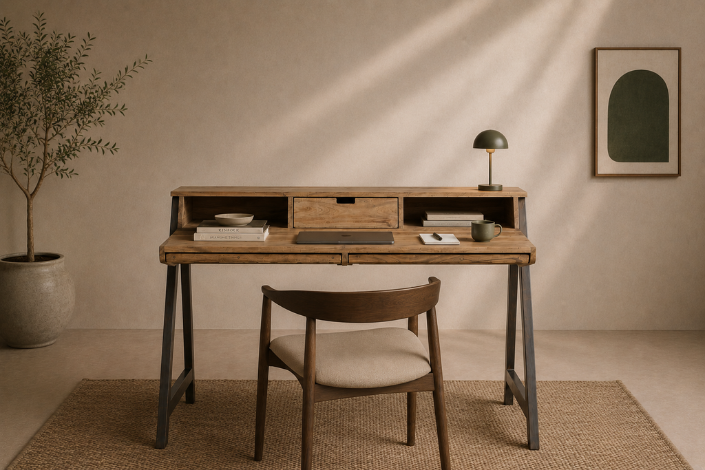 RONZ - Escritorio de diseño industrial de acacia y metal – Elegancia natural para tu espacio de trabajo