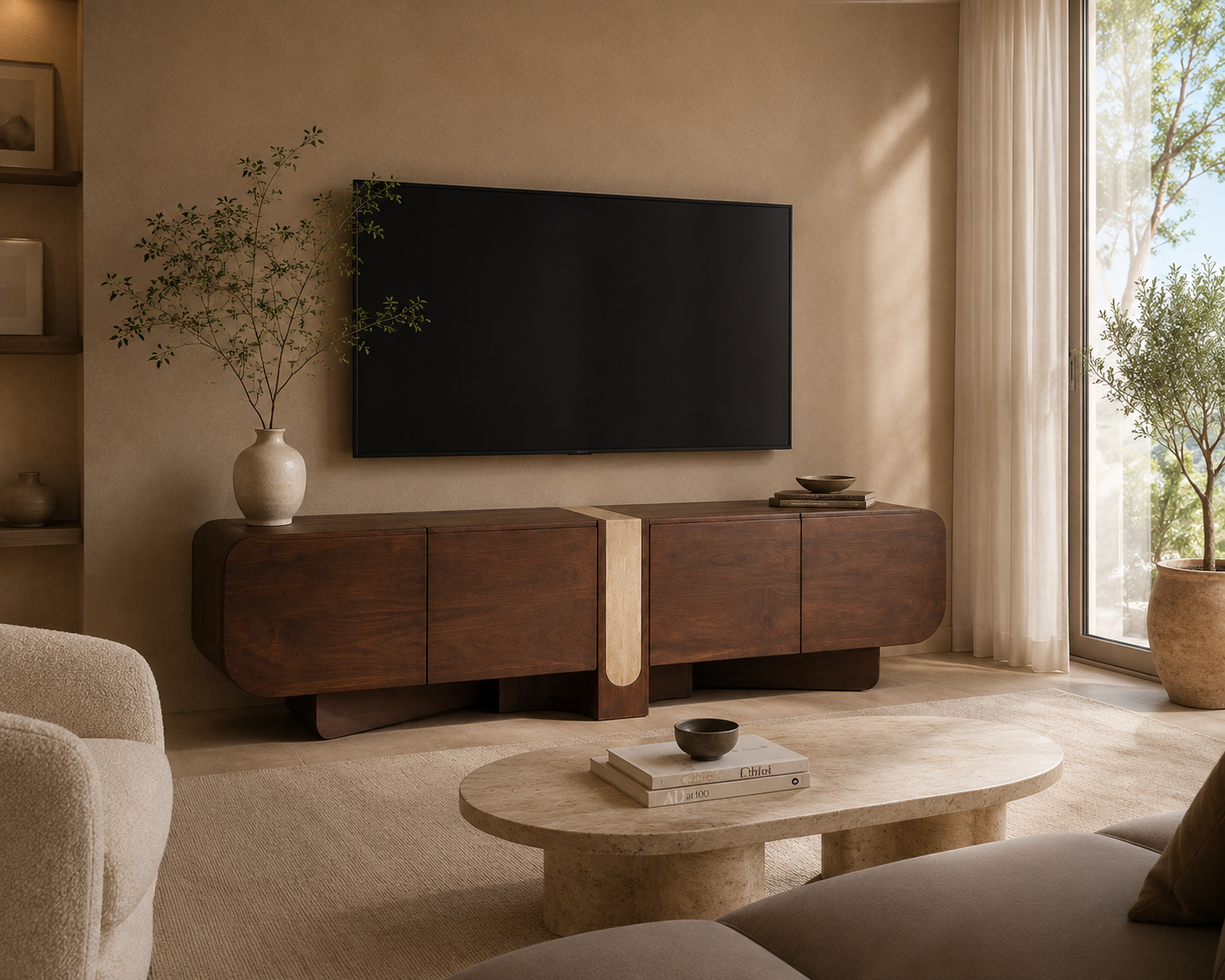 SINEU - Meuble TV en bois de manguier marron et travertin beige 200 cm