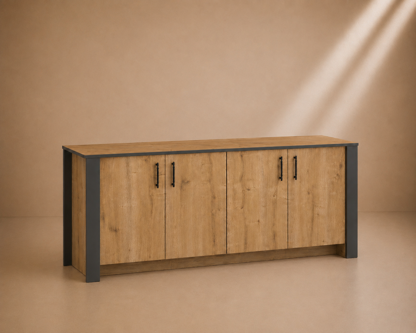SABAL - Buffet Design Industriel 180 cm Chêne & Anthracite – Bahut 4 Portes pour Salon et Salle à Manger