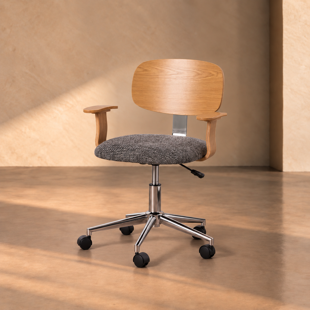 IRURA - Silla de oficina con ruedas en tela y madera color gris natural 60 × 60 × 89 cm