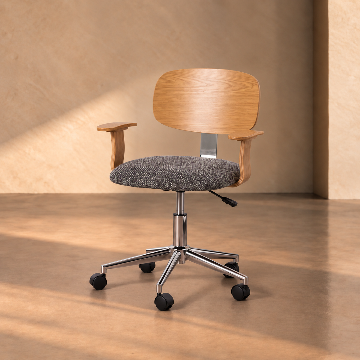 IRURA - Silla de oficina con ruedas en tela y madera color gris natural 60 × 60 × 89 cm