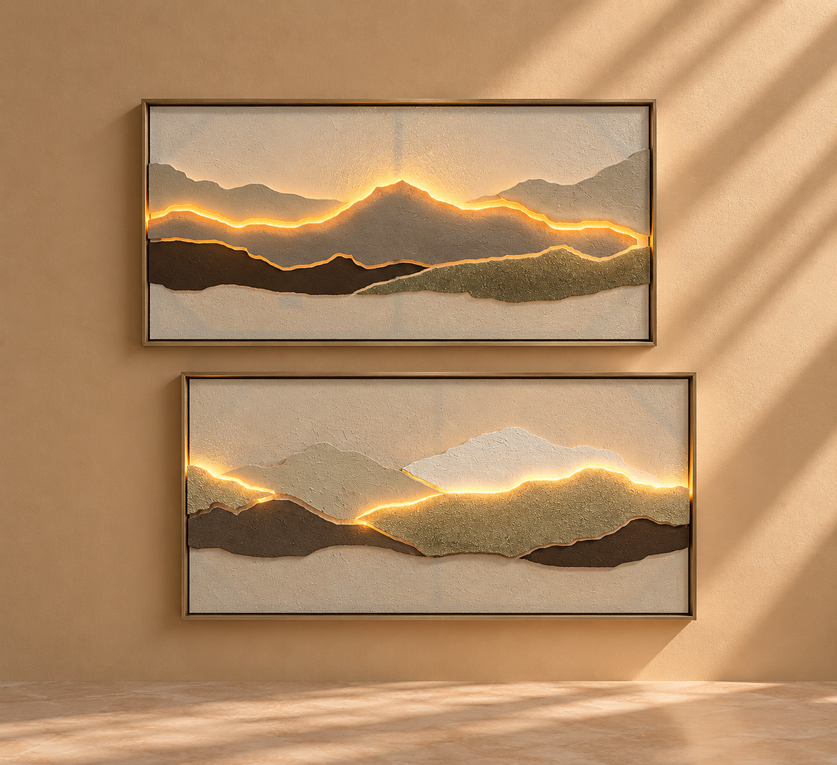 BERA - Cuadro abstracto de paisaje texturizado LED con marco, tonos tierra 102x52 cm – juego de 2