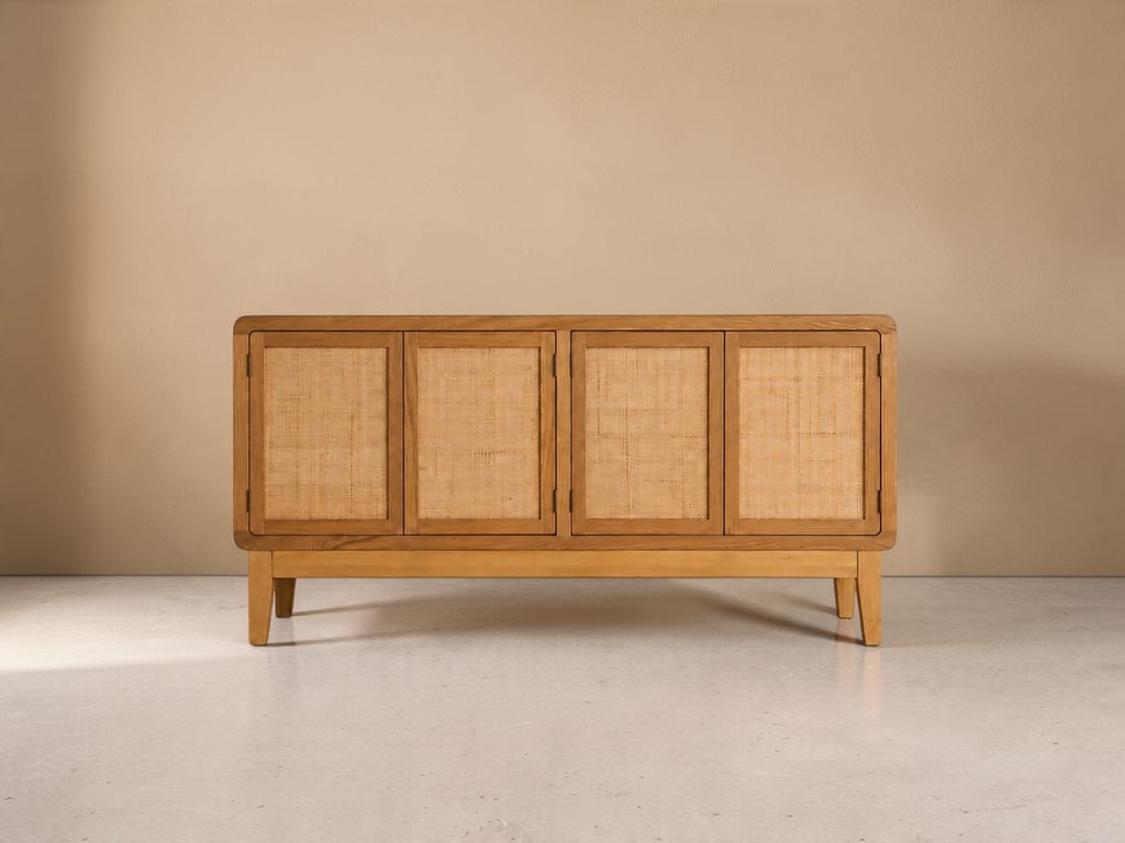 GARRUCHA - Aparador de 4 puertas de madera y rejilla de mimbre 160 cm – Marrón claro