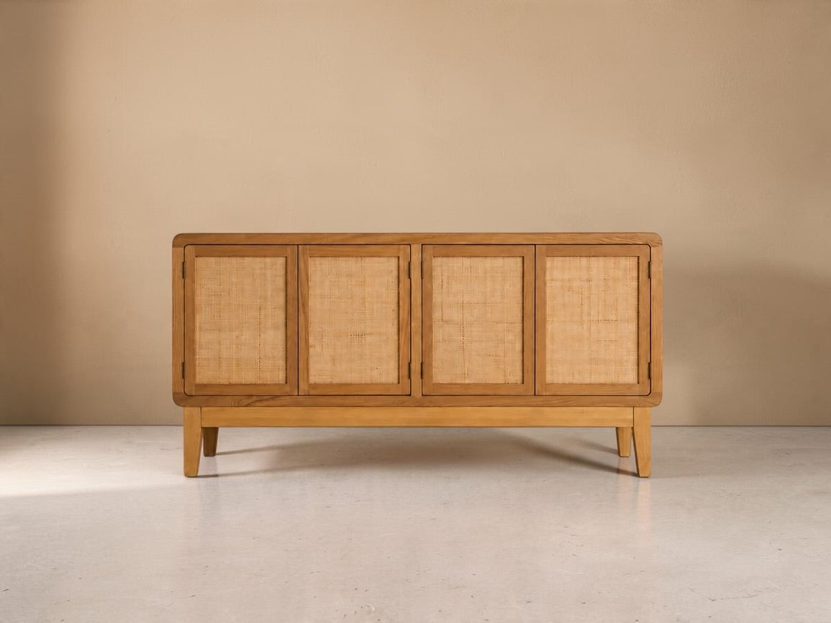 GARRUCHA - Aparador 4 portas em madeira e vime 160 cm – Castanho claro