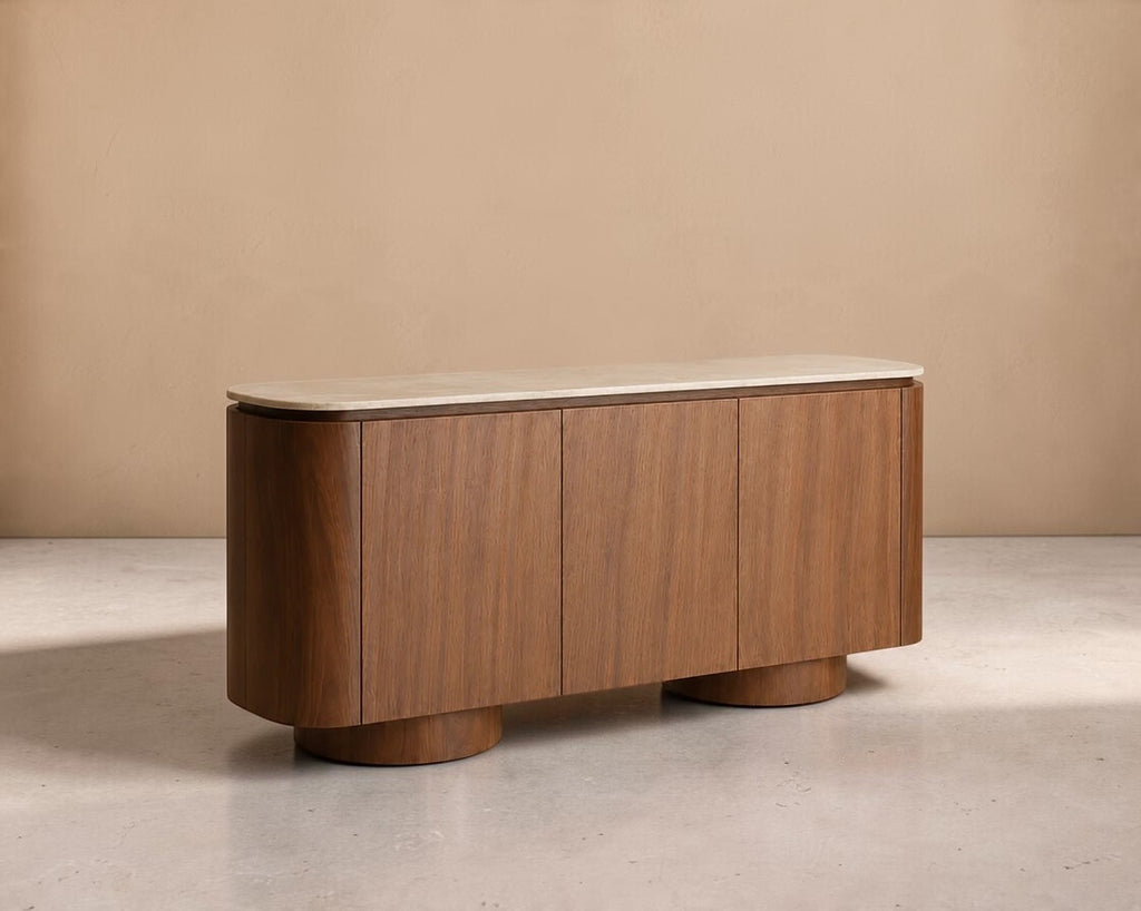 BARAS - Aparador de design 180cm em madeira com acabamento nogueira e mármore sintético bege
