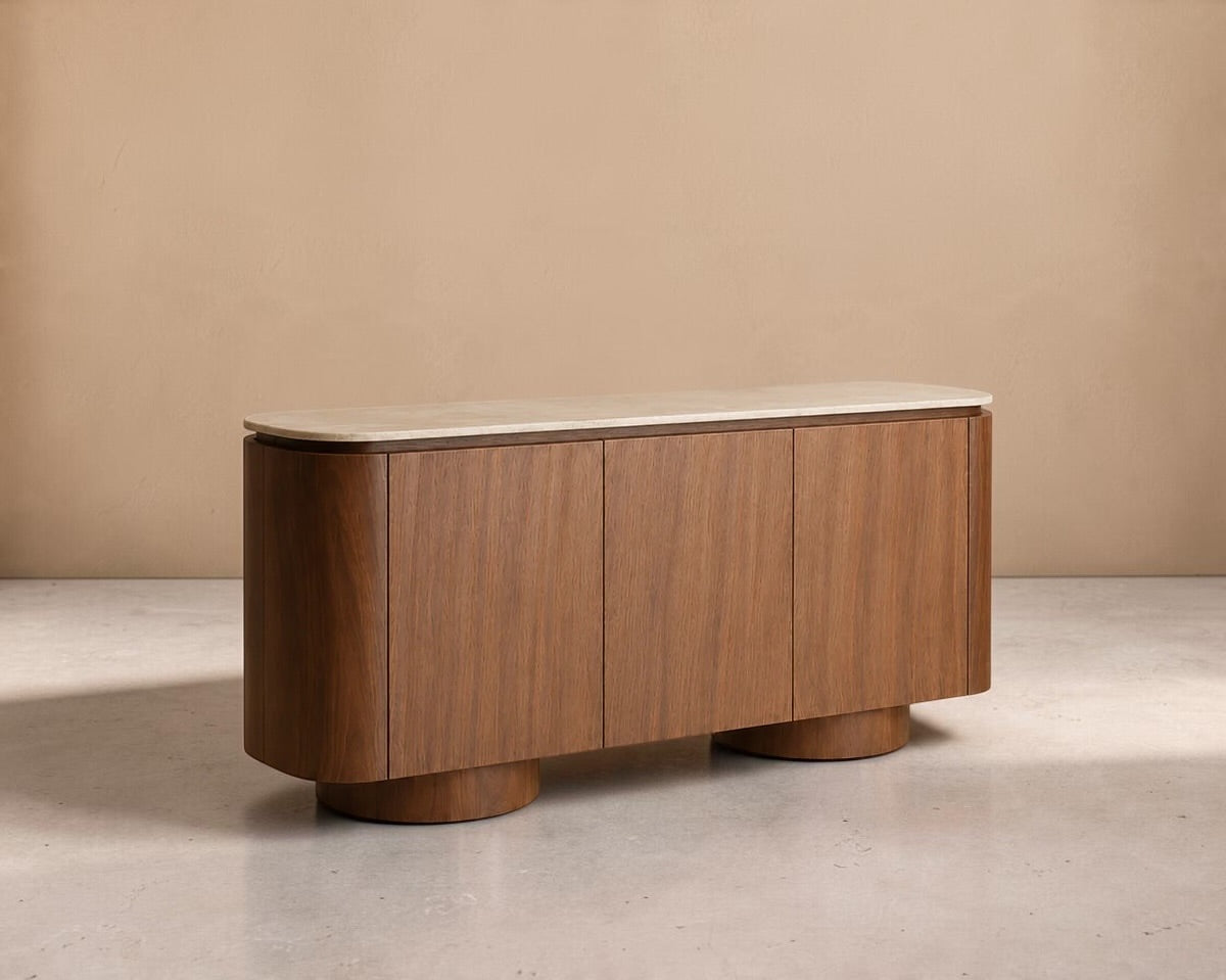 BARAS - Aparador de design 180cm em madeira com acabamento nogueira e mármore sintético bege