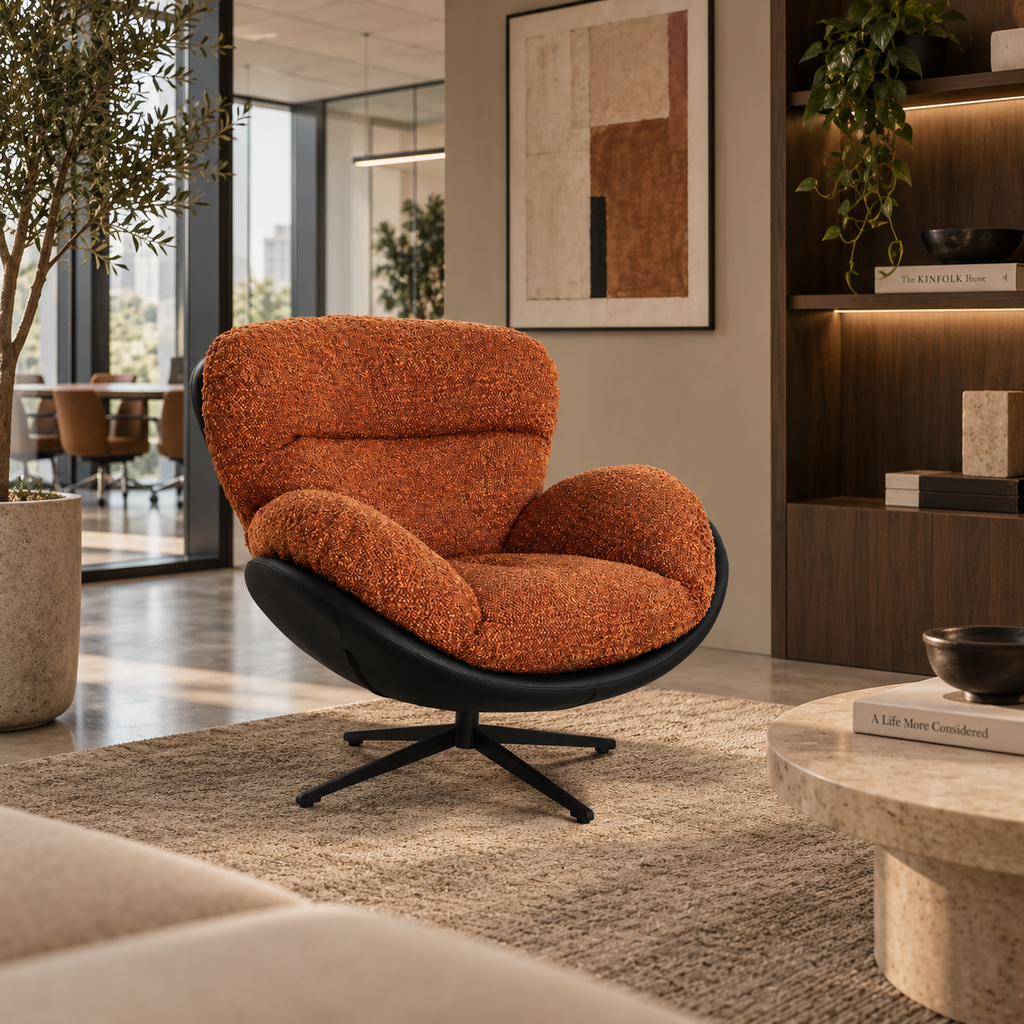 LILLO - Sillón giratorio naranja y negro de poliéster – Diseño contemporáneo