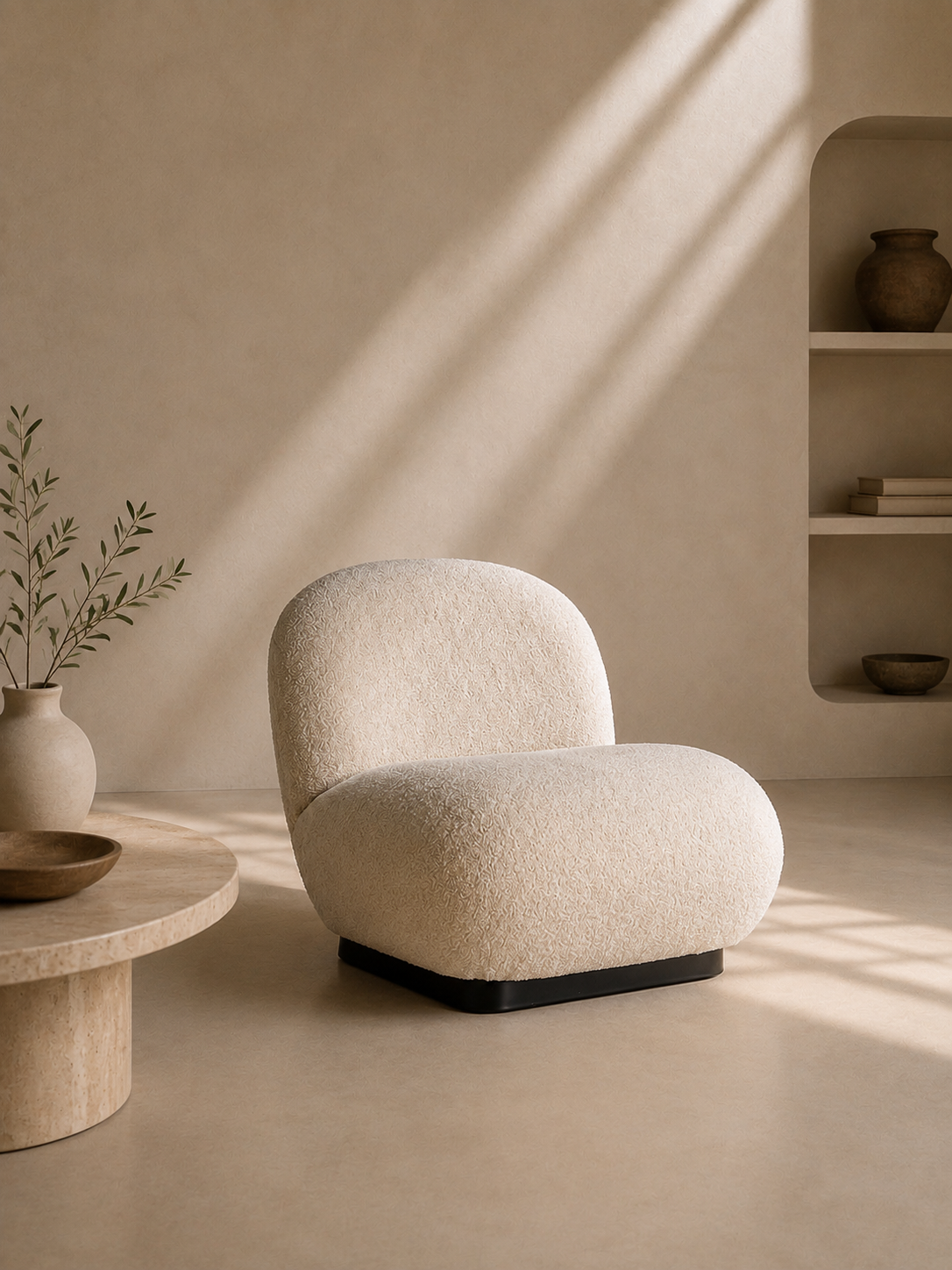LIRIA - Poltrona Bouclé Branca e Preta – Design Arredondado e Confortável