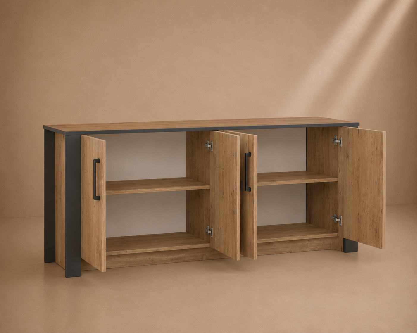 SABAL - Buffet Design Industriel 180 cm Chêne & Anthracite – Bahut 4 Portes pour Salon et Salle à Manger