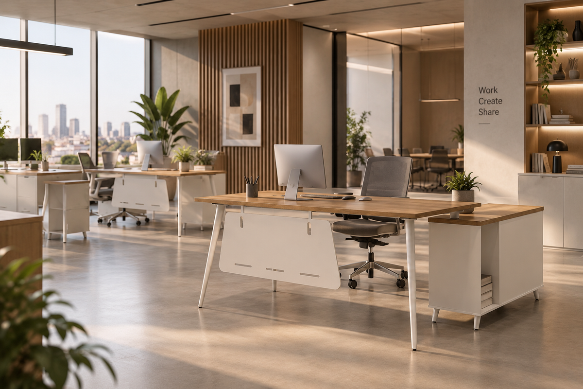 TALAIA - Escritorio profesional de 160 cm con mueble auxiliar blanco y madera