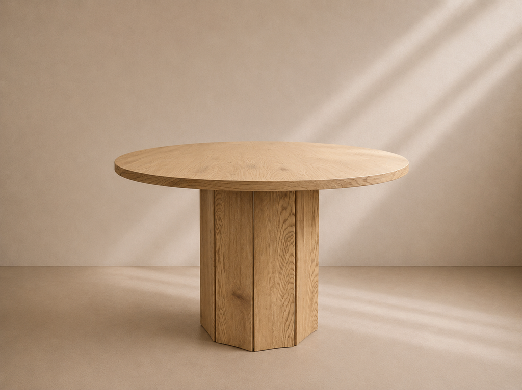 TICES - Mesa de comedor redonda chapada en madera de fresno de 120 cm