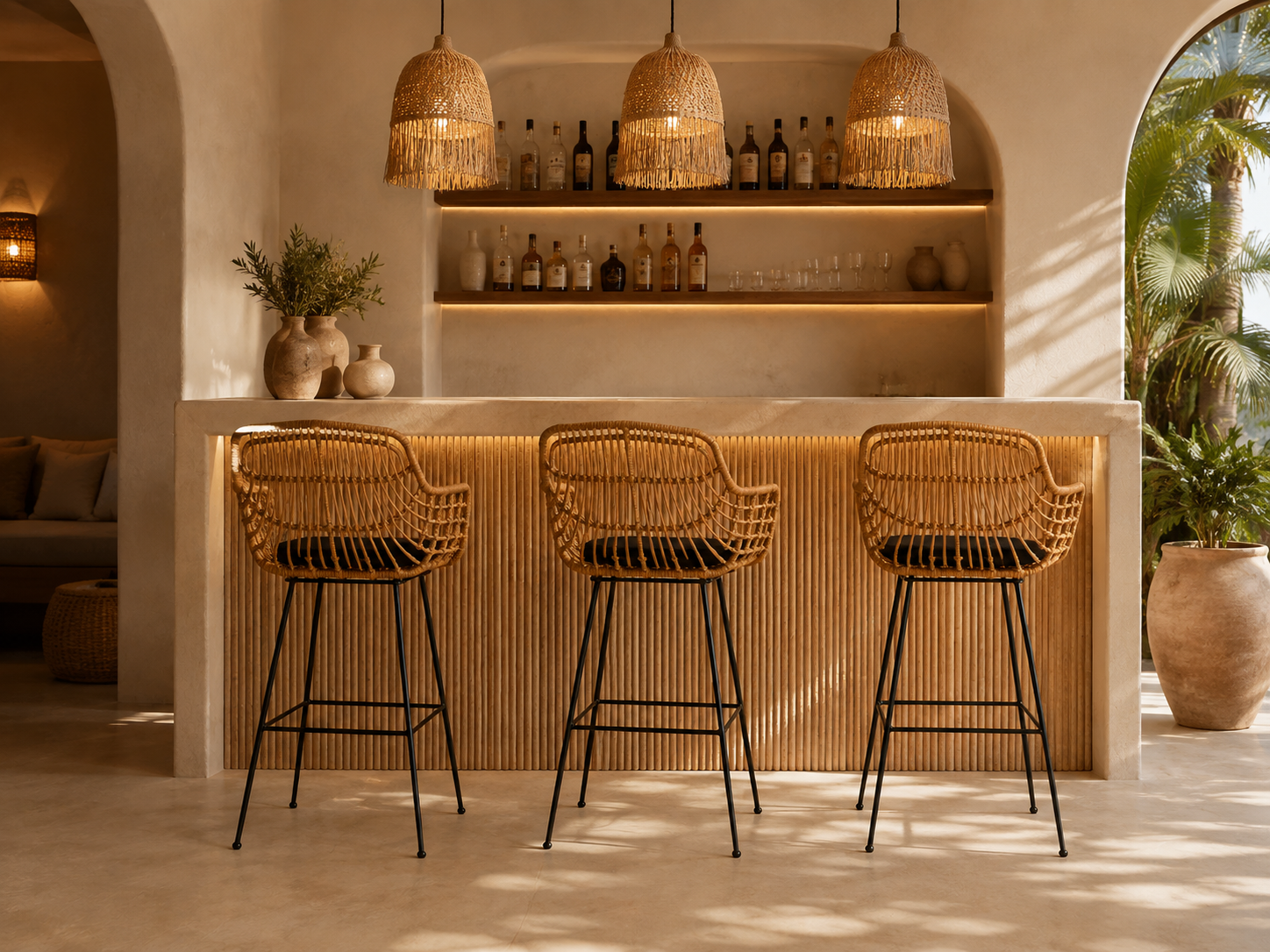 PUIG - Banqueta de Bar em Rotim Bege e Metal Preto para Sala, Terraço, Hotéis e Restaurantes