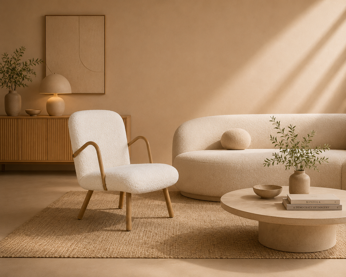 DARRO - Fauteuil inclinable en bouclette blanche avec accoudoirs en bois