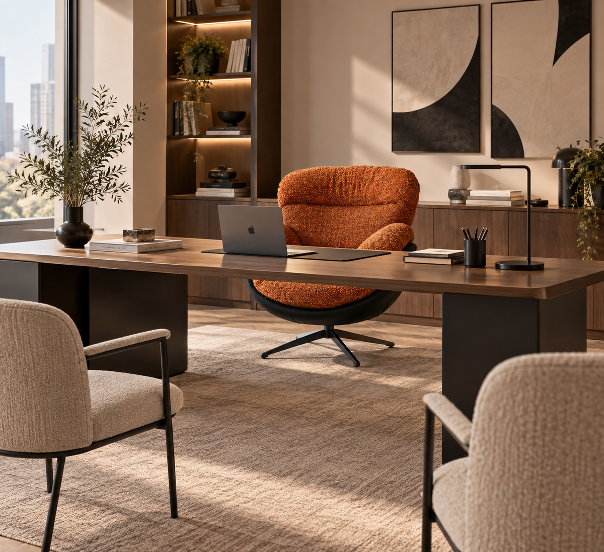LILLO - Sillón giratorio naranja y negro de poliéster – Diseño contemporáneo