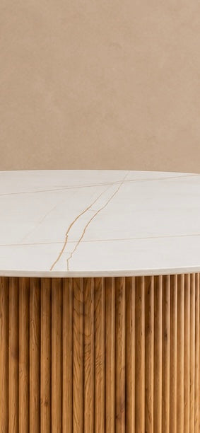LORES - Mesa de comedor cuadrada de piedra sinterizada blanca y madera natural 110 cm