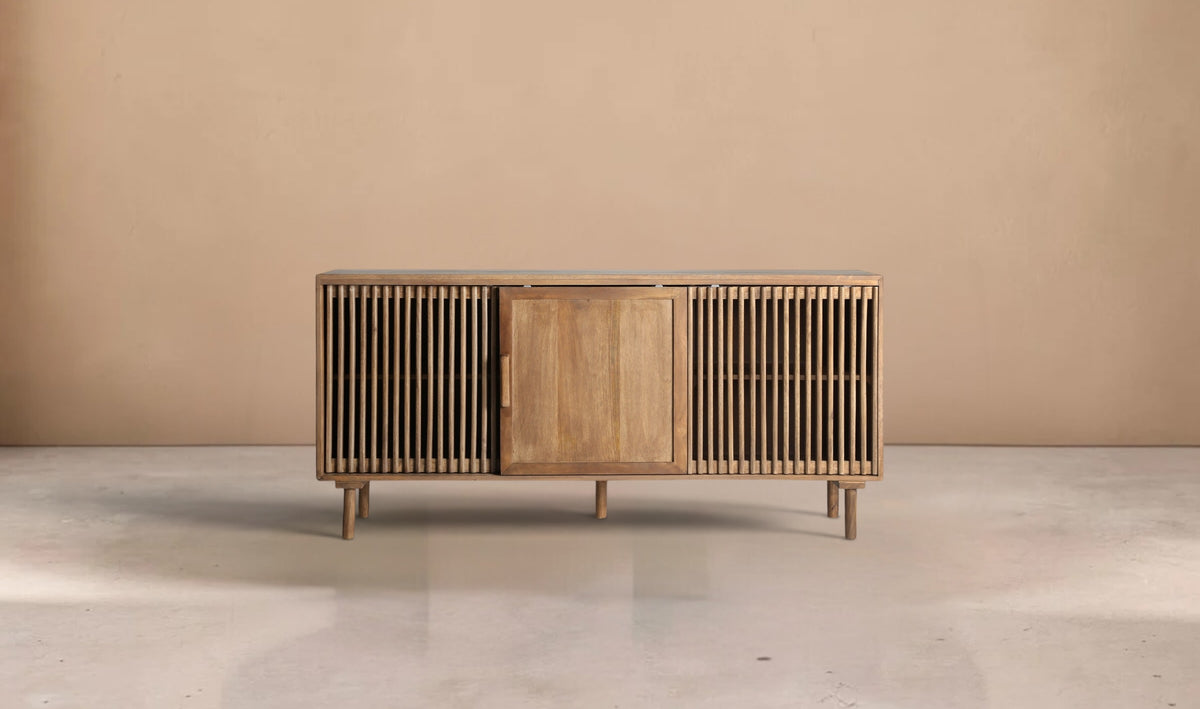 SÉRAN - Aparador de madera de mango natural con 3 estantes 170 cm