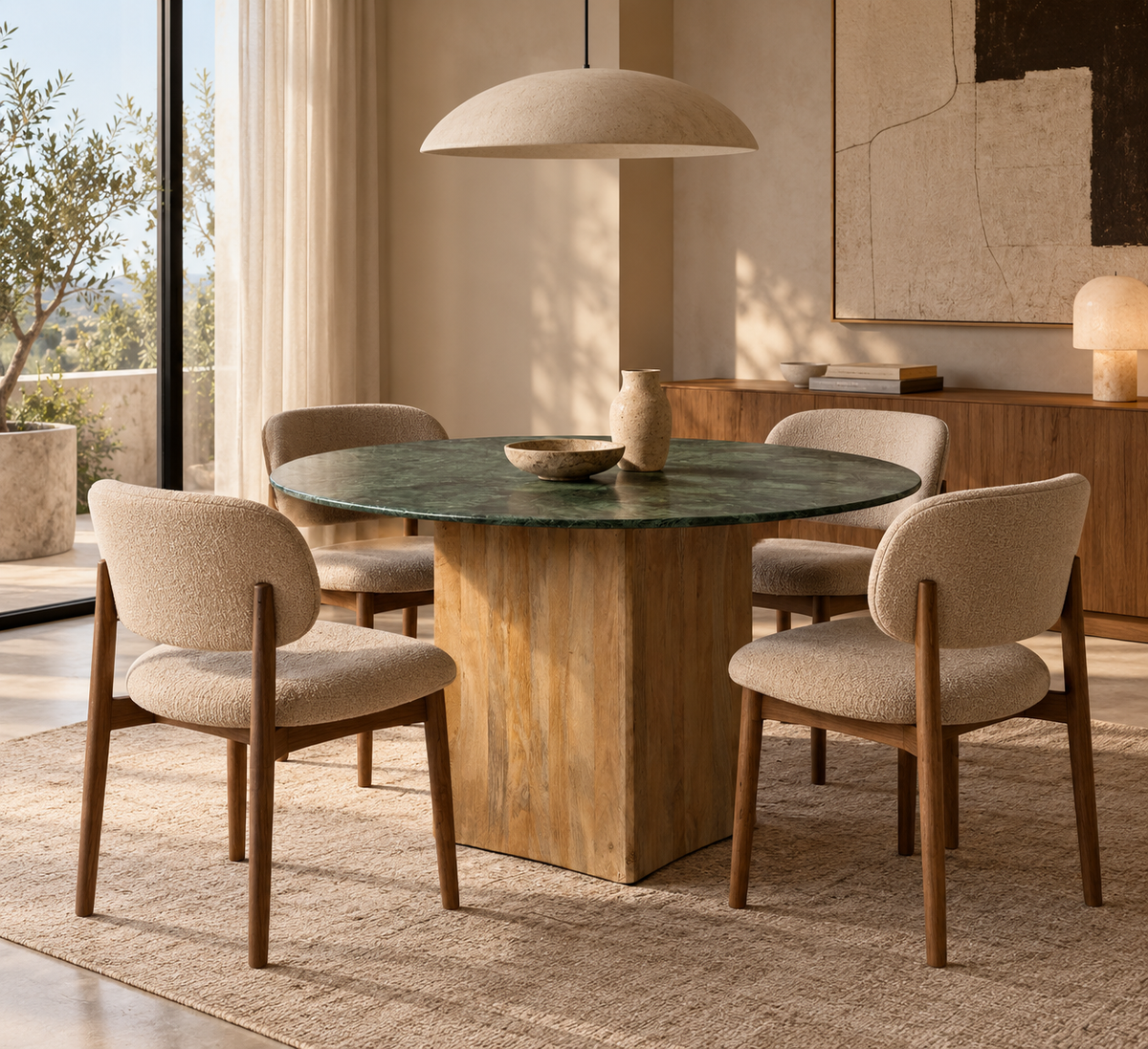 FALCES - Mesa de comedor natural verde madera mármol 115 x 115 x 76 cm