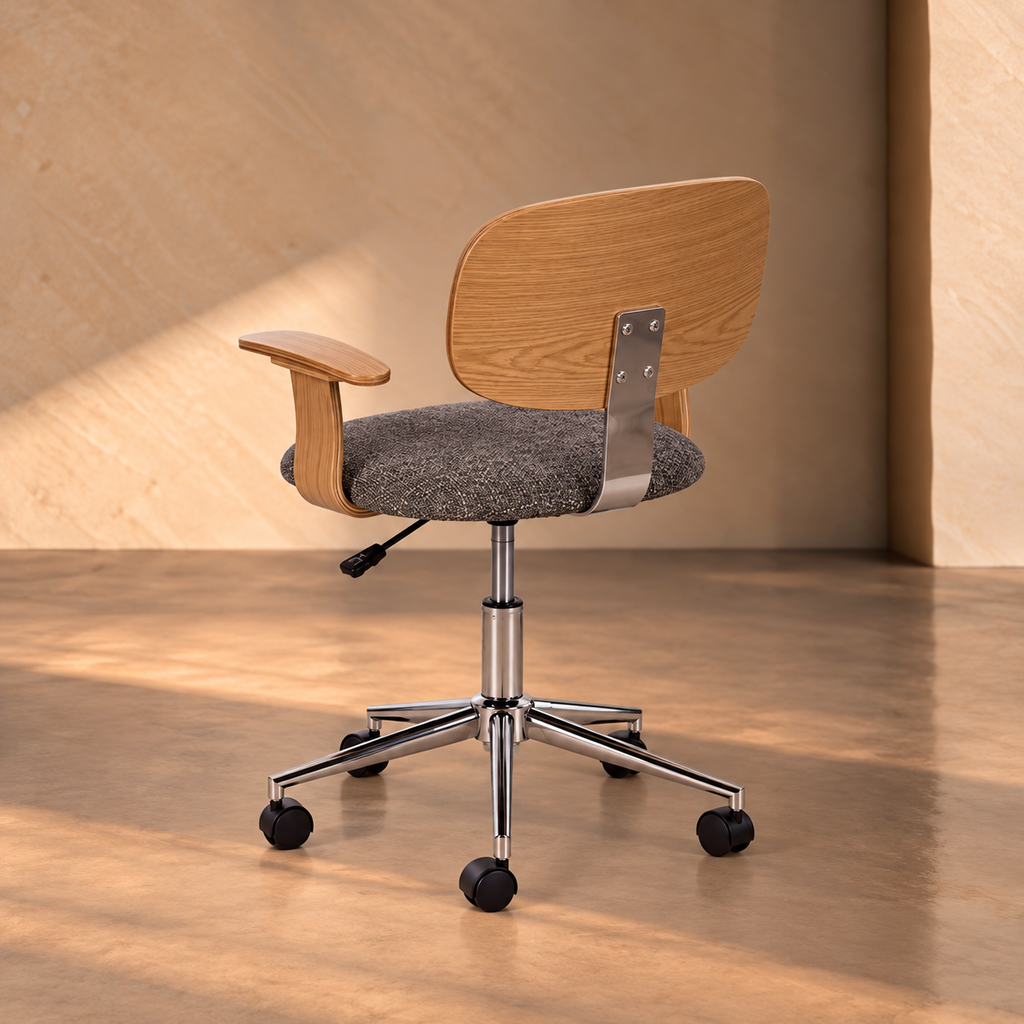 IRURA - Silla de oficina con ruedas en tela y madera color gris natural 60 × 60 × 89 cm