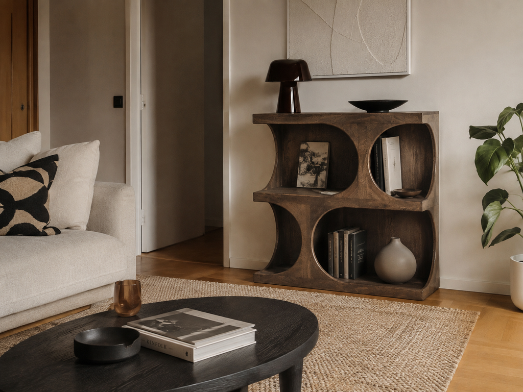 SECEDA - Estantería de madera de mango marrón con diseño orgánico 90 cm
