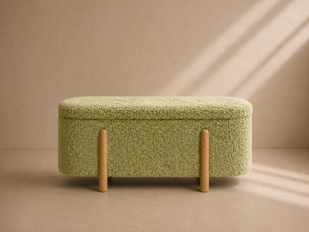 LASTRES - Déchaussoir coffre en bouclette verte – Banc de rangement design avec assise rembourrée