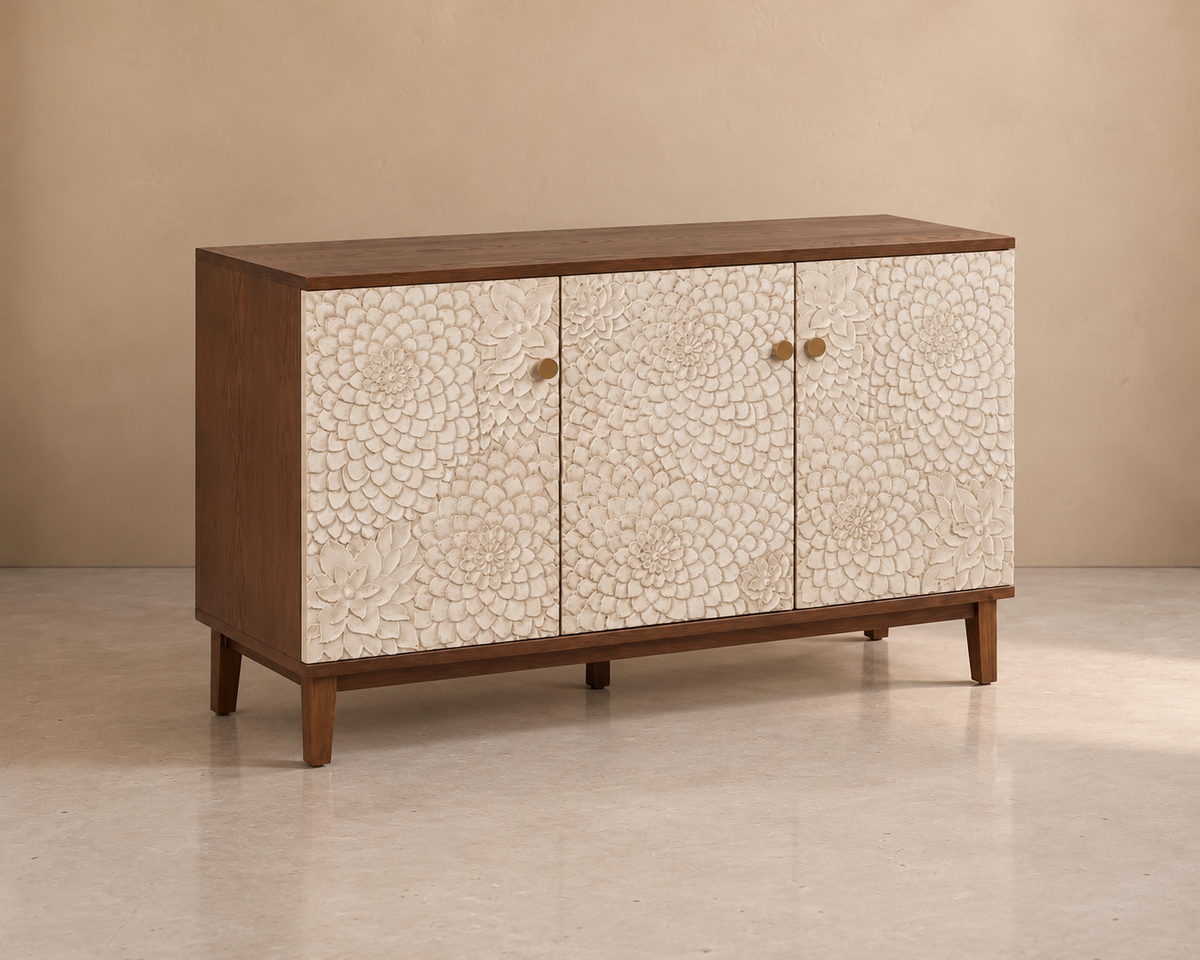 BOSA - Aparador tallado blanco marrón MDF madera 135 cm