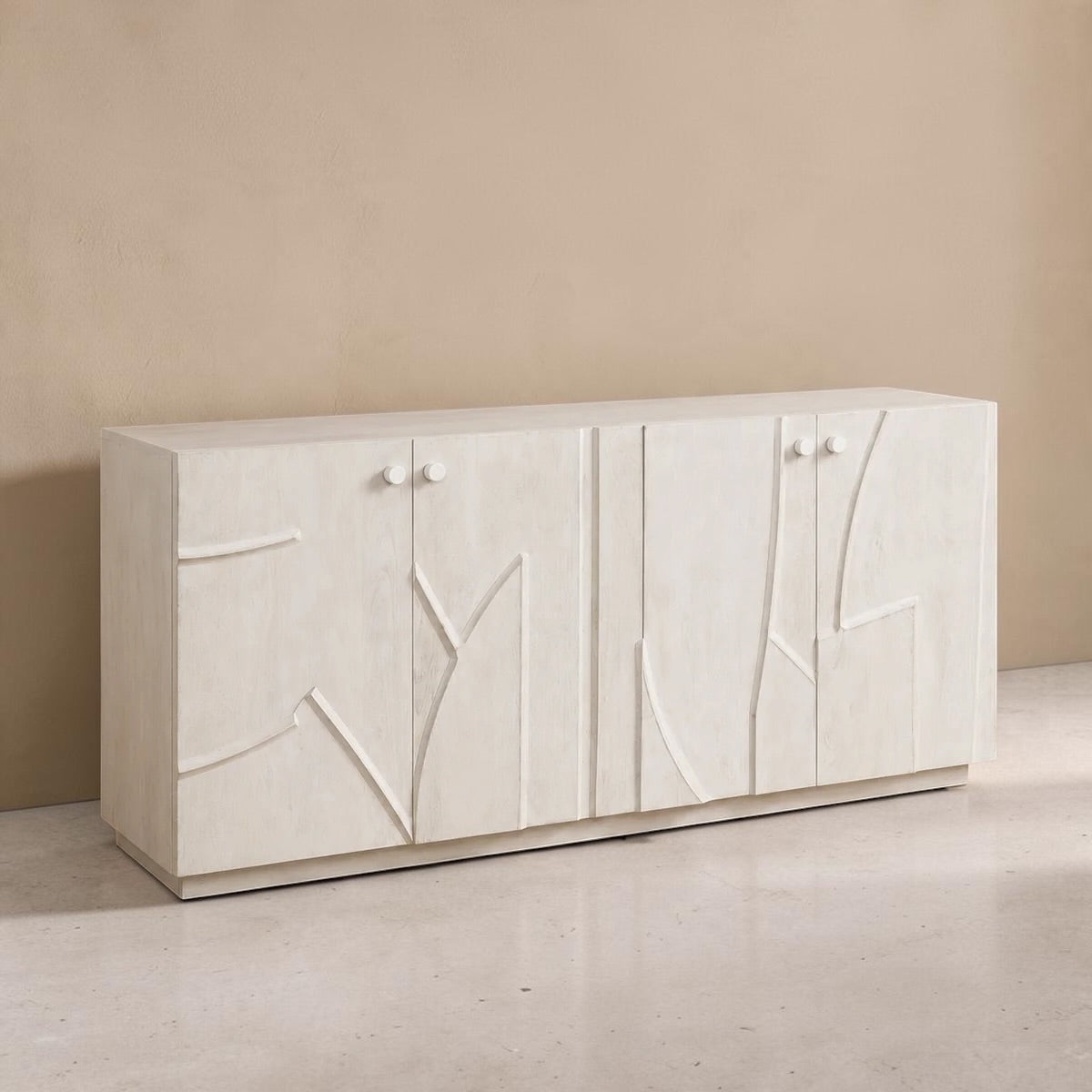 ORIA - Aparador 4 portas em madeira de mangueira entalhada 180 cm – Design contemporâneo