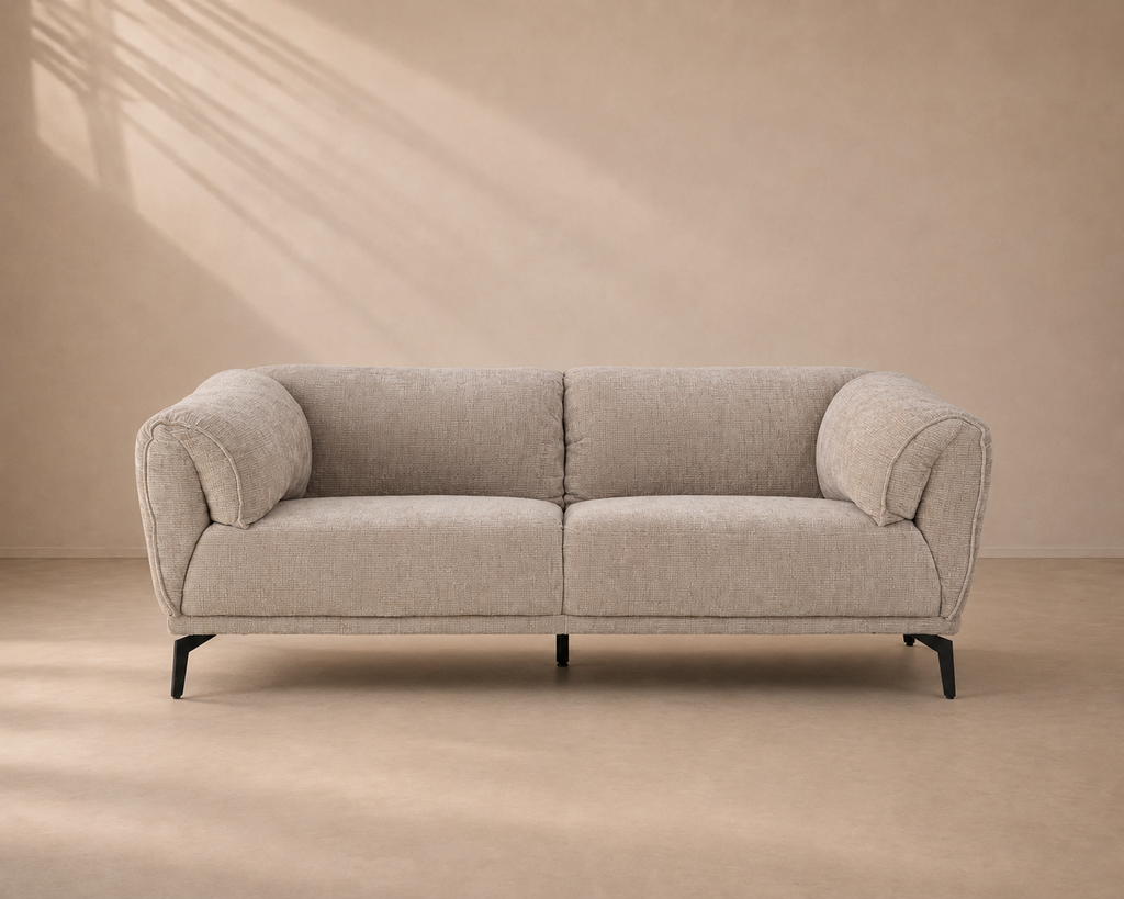 SEYA - Canapé 2 places en tissu bouclé beige avec pieds en métal noir