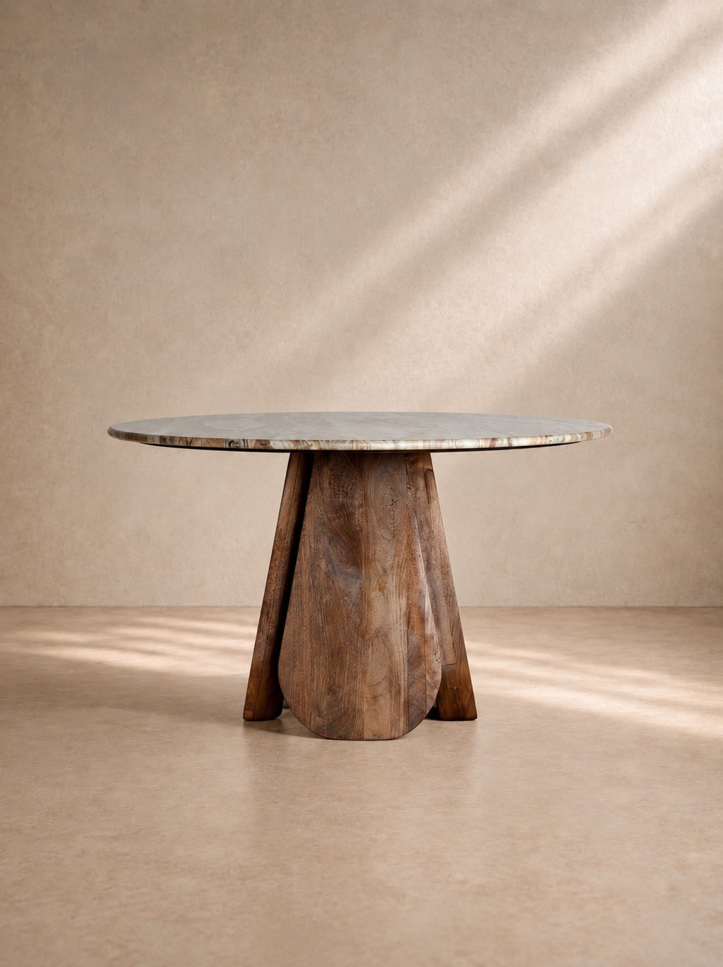 BELMEZ - Table à manger ronde en bois de manguier et marbre gris 130 cm