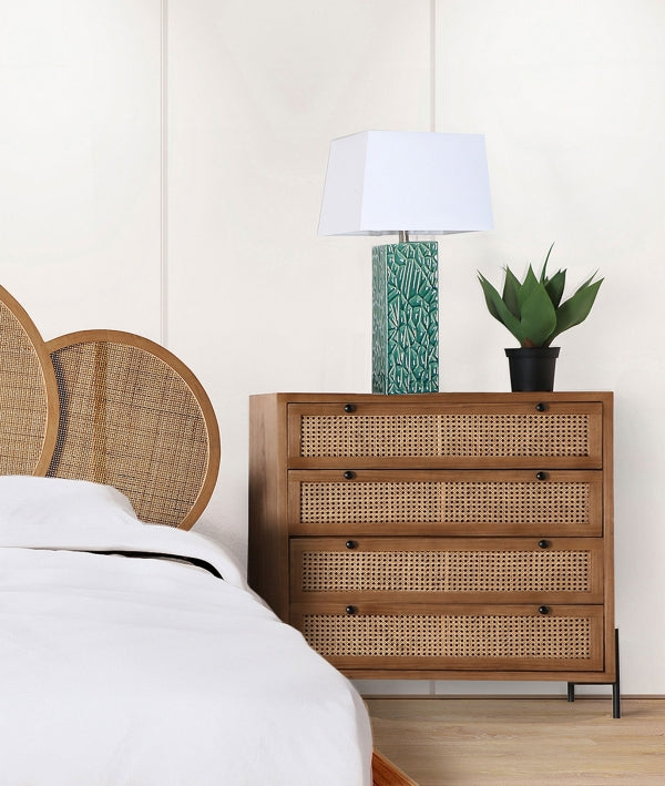 LUESIA - Commode 4 tiroirs en bois et cannage 100 cm