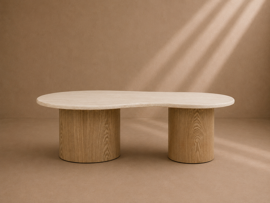 ESCO - Table basse design effet travertin et bois – Forme organique 120 x 70 cm