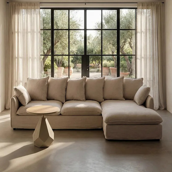 URDA - Sofá chaise longue de 3 plazas beige en poliéster y lino de 252 cm – Confort y estilo contemporáneo