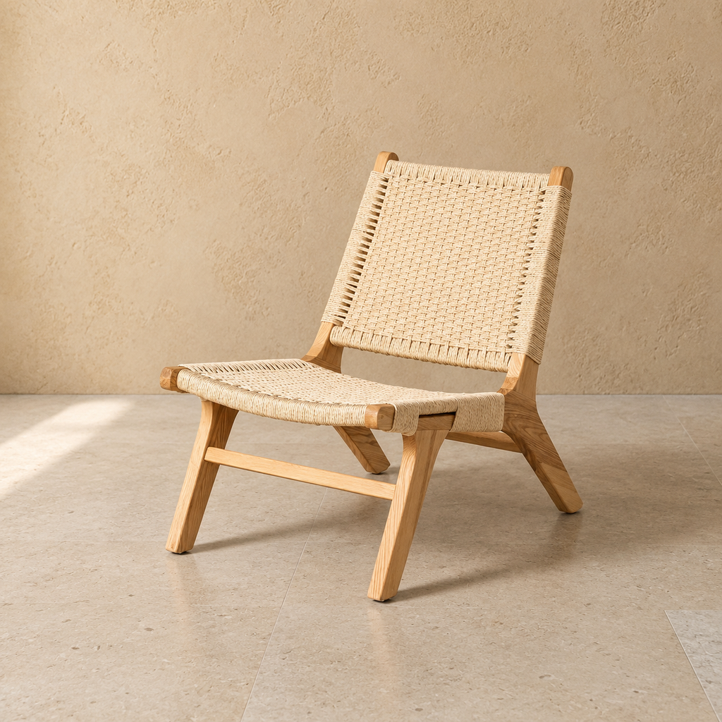 BRIONES - Silla relax de madera natural con asiento trenzado