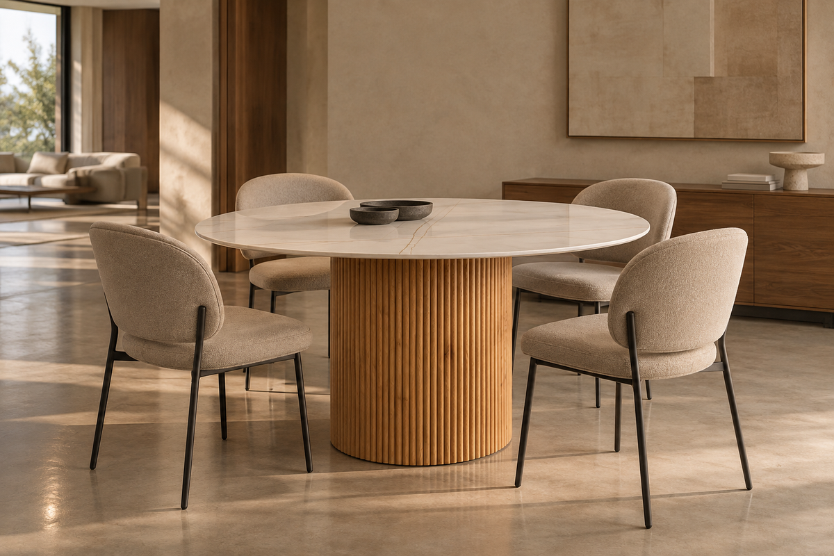 LORES - Mesa de comedor cuadrada de piedra sinterizada blanca y madera natural 110 cm