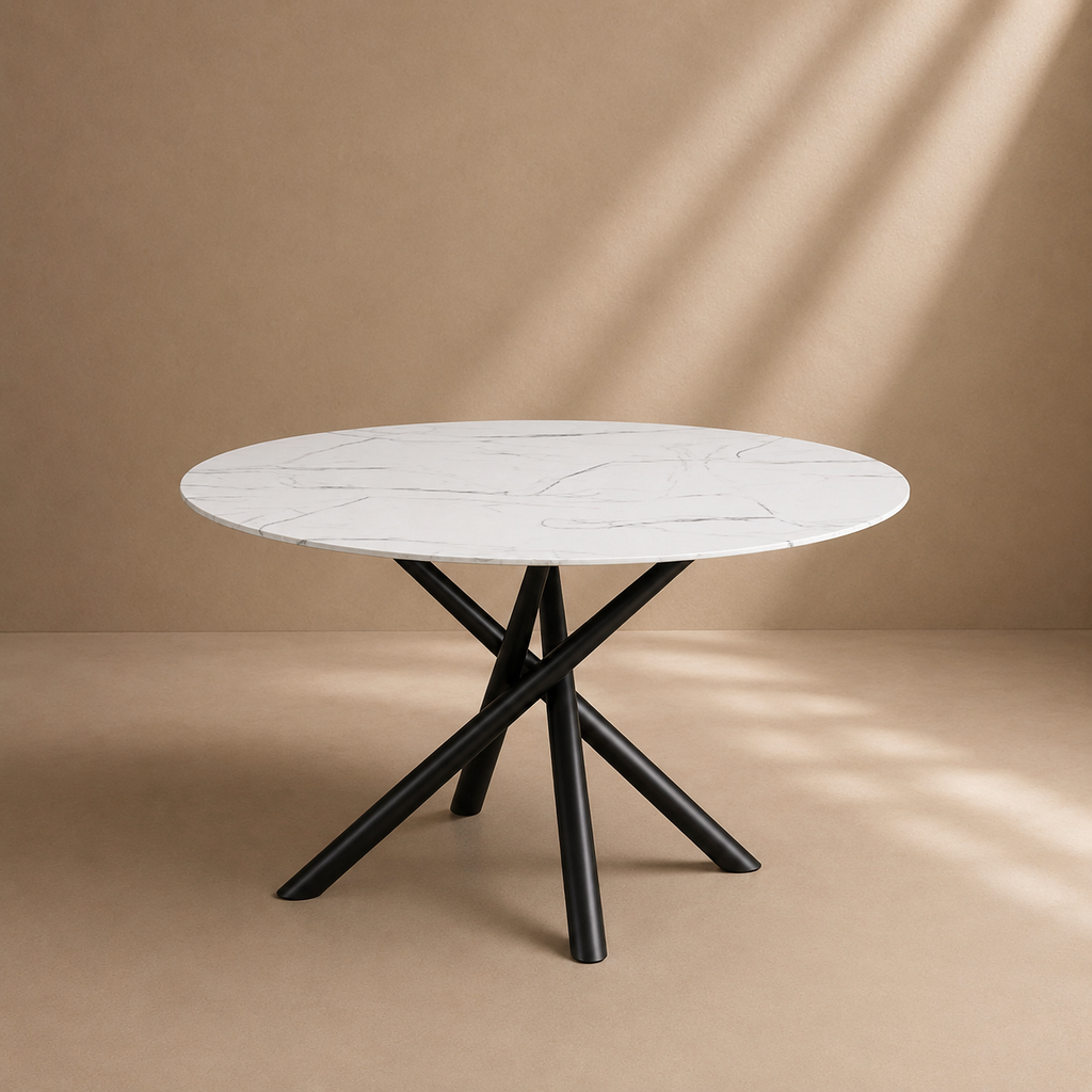 AGER - Table de salle à manger ronde effet marbre 120 cm avec piètement métallique noir