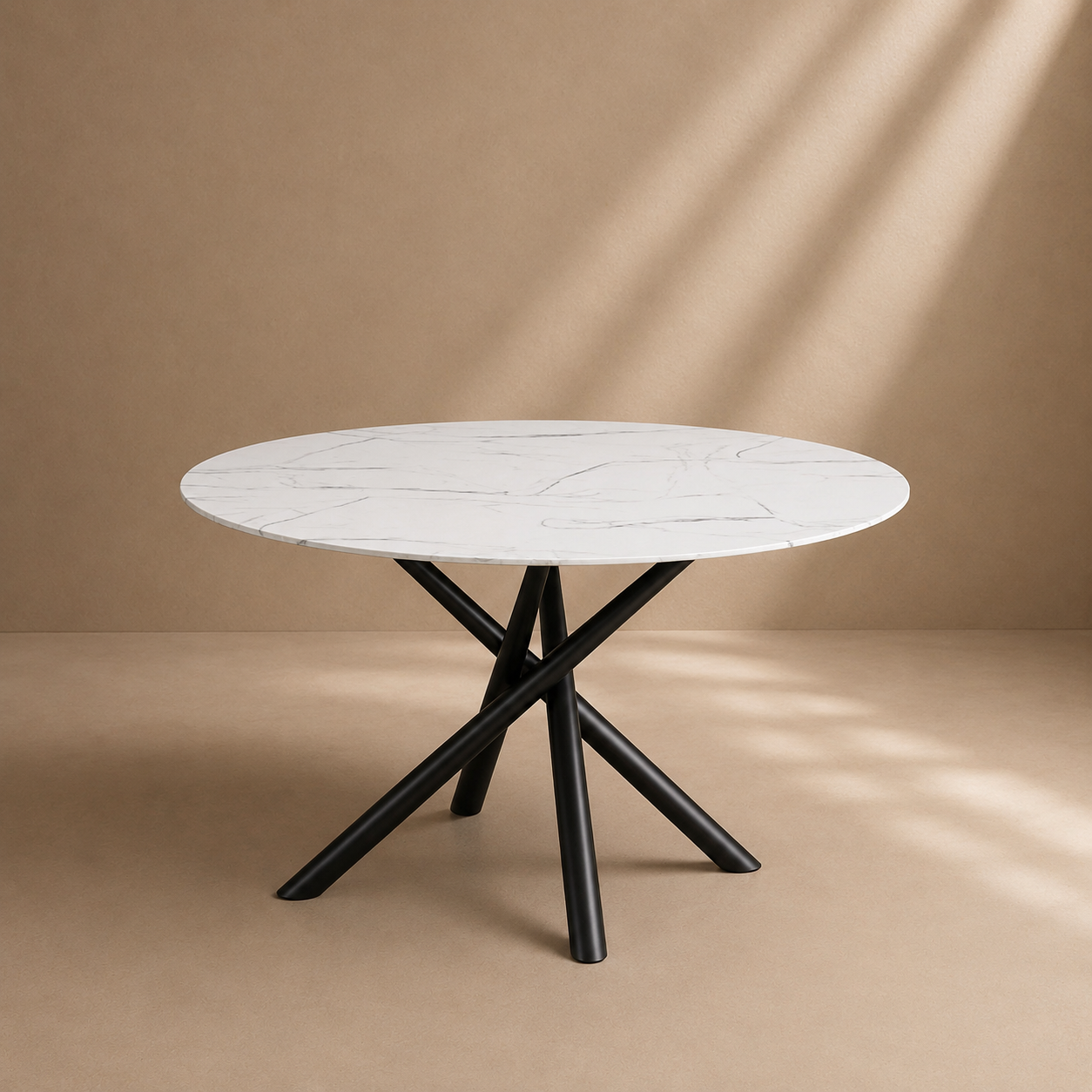 AGER - Table de salle à manger ronde effet marbre 120 cm avec piètement métallique noir