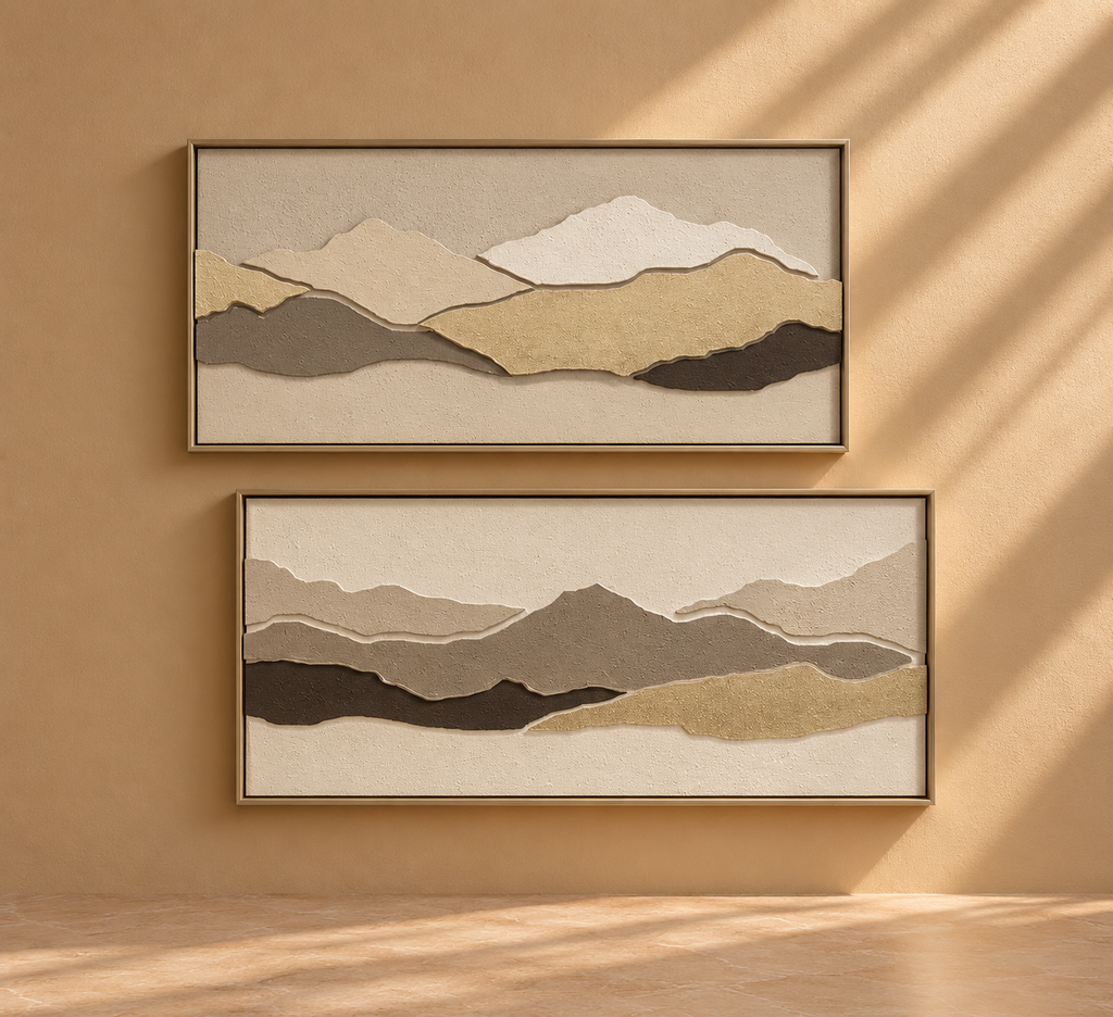 BERA - Cuadro abstracto de paisaje texturizado LED con marco, tonos tierra 102x52 cm – juego de 2