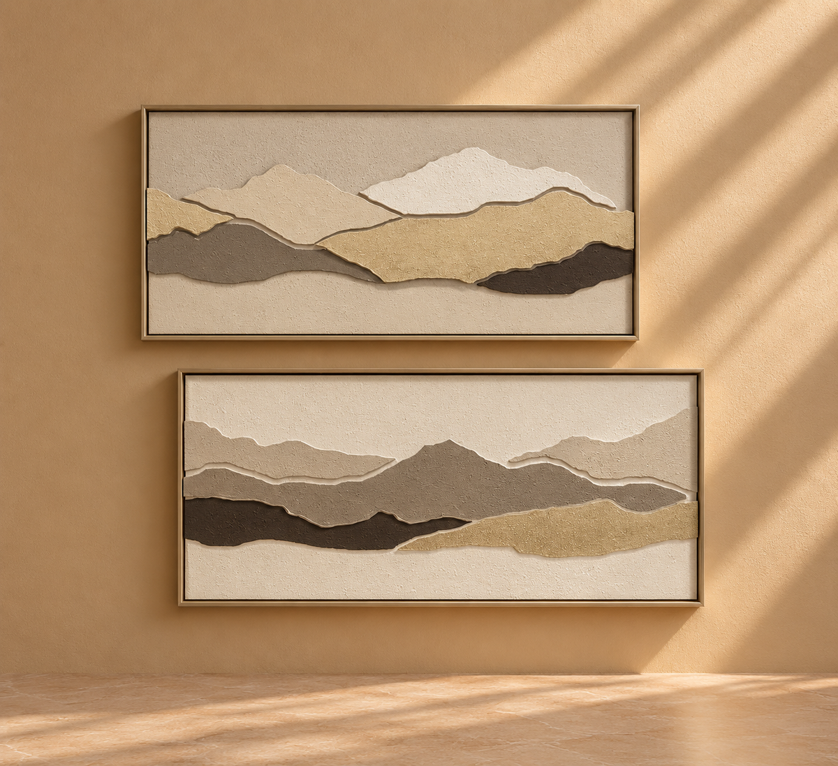 BERA - Cuadro abstracto de paisaje texturizado LED con marco, tonos tierra 102x52 cm – juego de 2