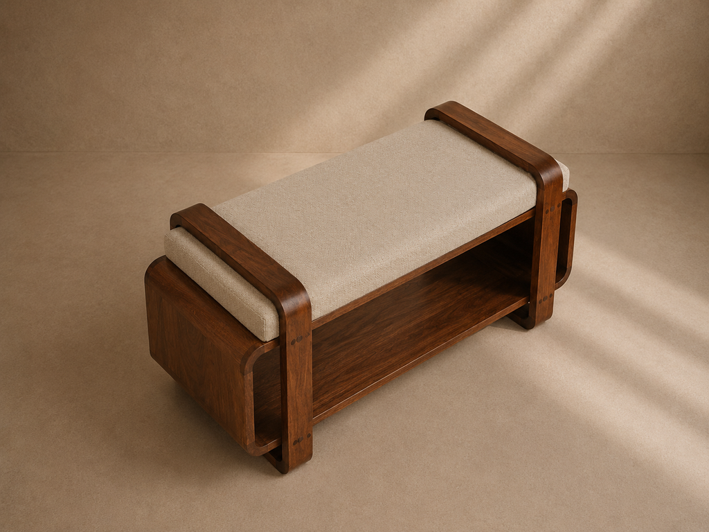 IRIS - Banc d’entrée design en bois massif avec assise en lin – Style Mid-Century